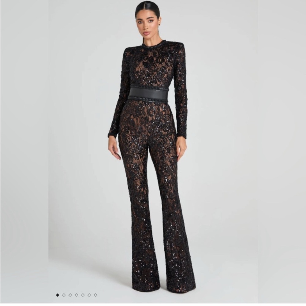 Nadine Merabi Bella Black Lace Sequin Jumpsuit Size Medium